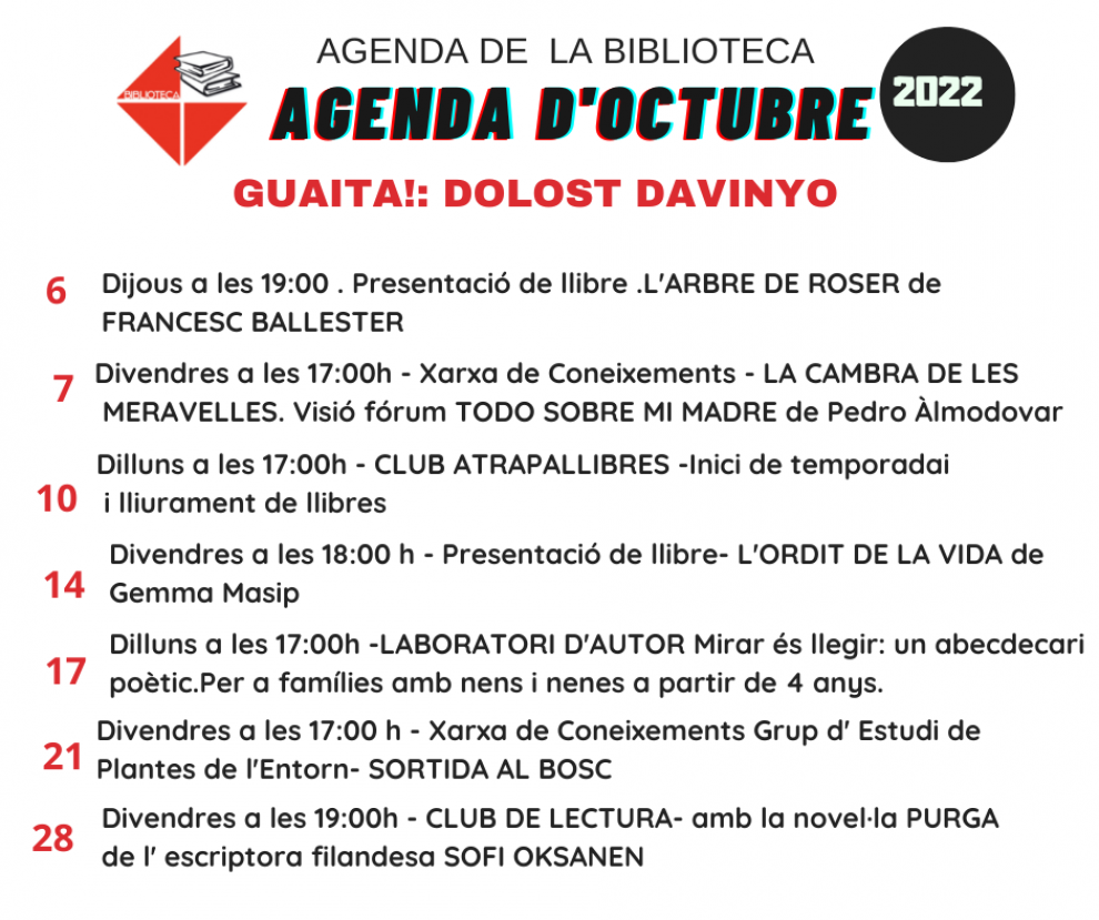 Agenda del mes d'octubre a la biblioteca d'Olost